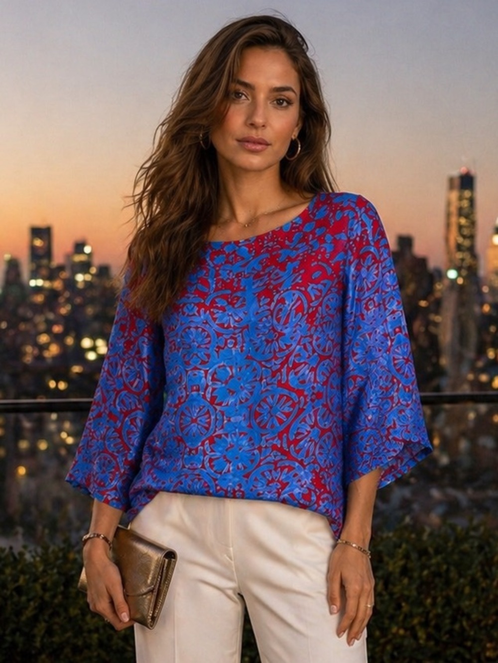 Ann Mashburn Silk Blouse Small Blue Red Print 3/4 Sleeve Tunic Top